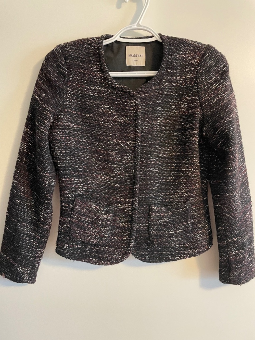 EUC Smart Set Black Purple Tweed Fitted Blazer Waist Length Snap Pocket X-Small